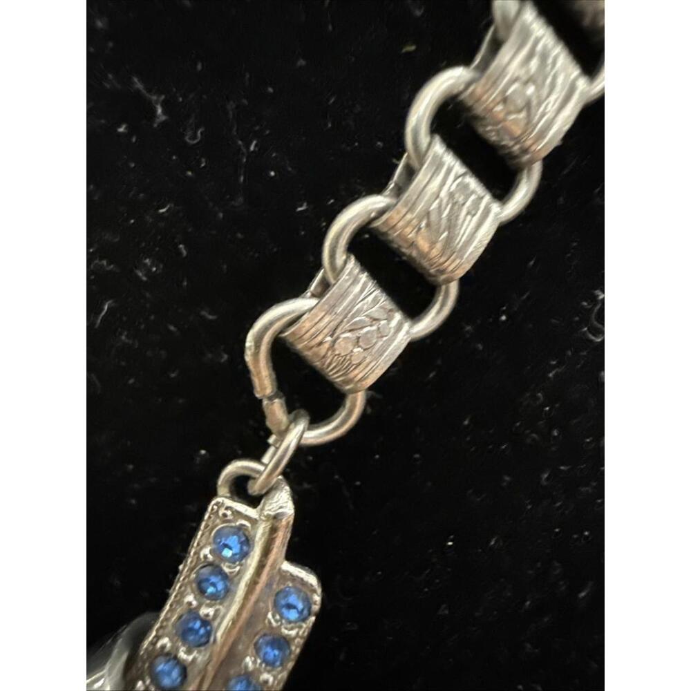 VTG 1960s Statement Flower Necklace Blue Rhinestone Silver Bold Retro MCM 16” - Picture 4 of 6